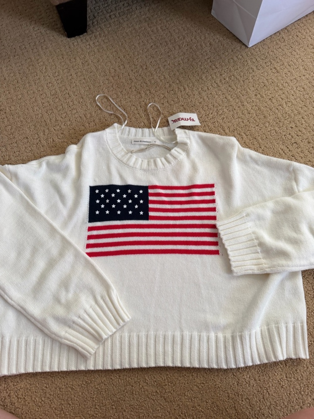 White Flag Knit Sweater with Red & Blue Accent